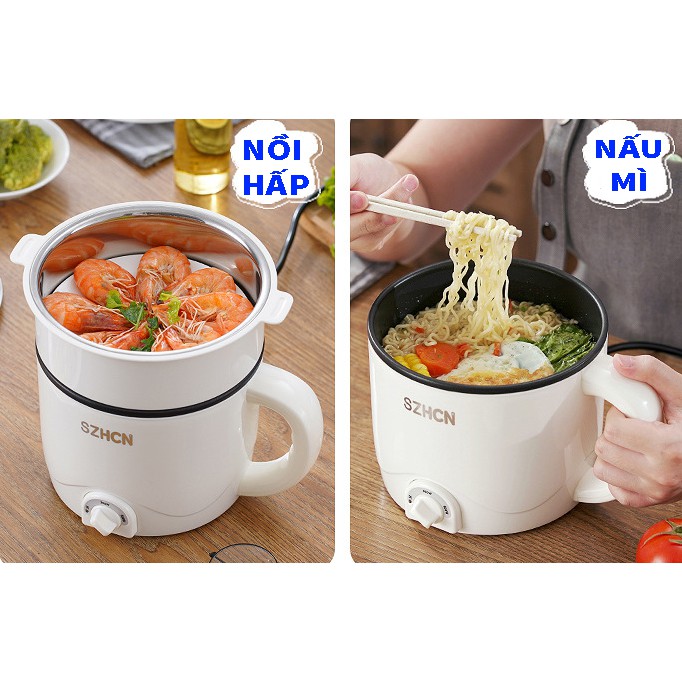 Nồi Lẩu Mini Điện Đa Năng Chống Dính Có Khay Hấp, Nấu Mì, Nấu Cháo, Chiên, Xào, Siêu Tiện Lợi