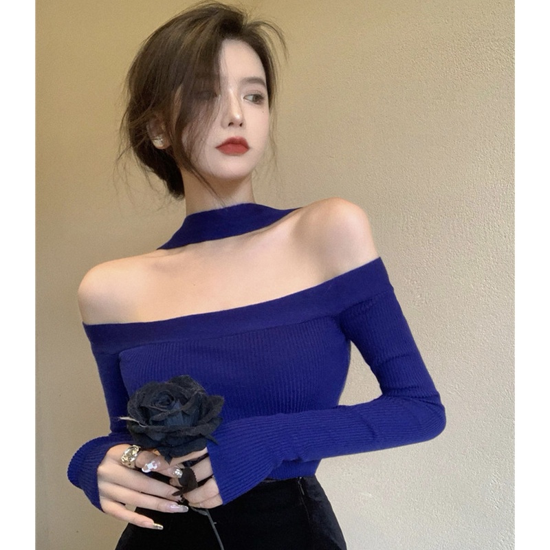 Áo dệt kim tay dài hở vai dáng ngắn thời trang mùa thu