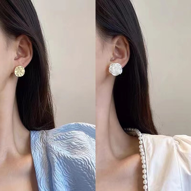 Bông Tai Mạ Bạc 925 Hình Hoa Hồng Trắng Đơn Giản Phong Cách Retro Hàn Quốc