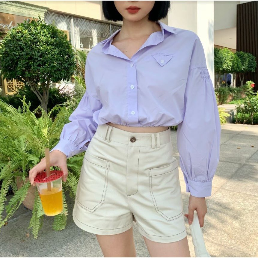 Quần short phối chỉ khác màu 2 túi trước thời trang GAGO màu kem GO3809