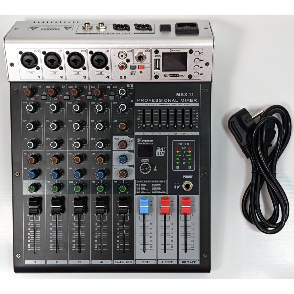 Bàn trộn âm thanh- Mixer Max 11 - 6 kênh (4 mono, 2stereo) kết nối Bluetooth,USB - 99 hiệu ứng vang - Tích hợp nguồn 48v