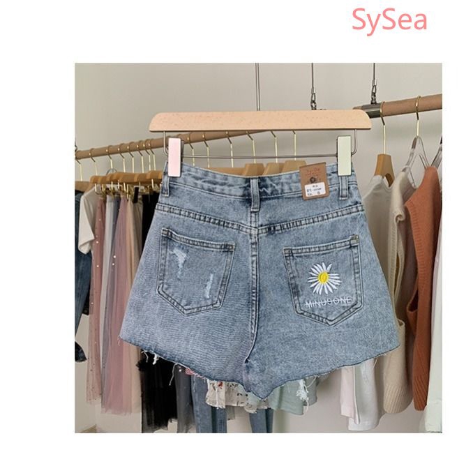 Quần Short Jeans Lưng Cao Thêu Hoa Phong Cách Hàn Quốc Thời Trang Cho Nữ