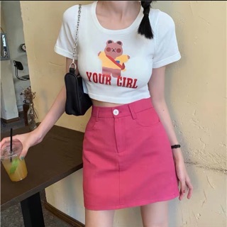 Áo croptop gấu + chân váy hồng