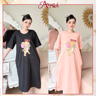 Đầm Suông Dáng Dài Nữ Anquachi Váy Thun Trung Niên Bầu Bì Rộng Rãi Tay Ngắn Xẻ Tà Mặc Nhà Thoải Mái A075