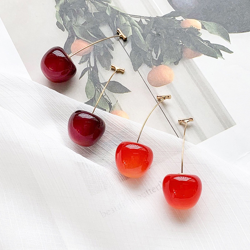 Khuyên Tai Hình Trái Cherry Màu Đỏ Rượu Vang Đỏ Bằng Nhựa Resin Dễ Thương Dành Cho Bạn Gái