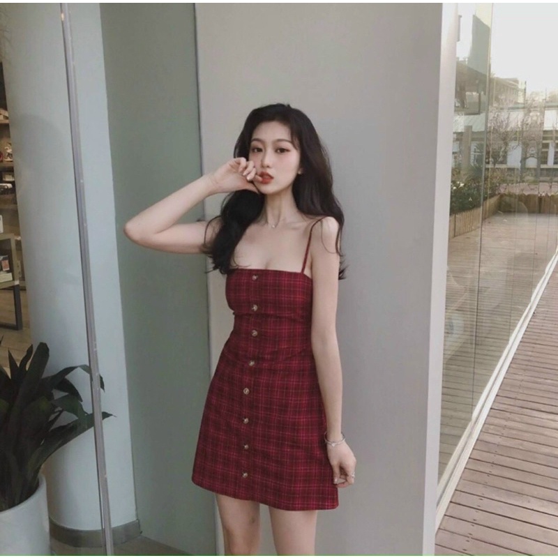 🆙🆙🆙 Váy kẻ 2d đỏ nơ lưng