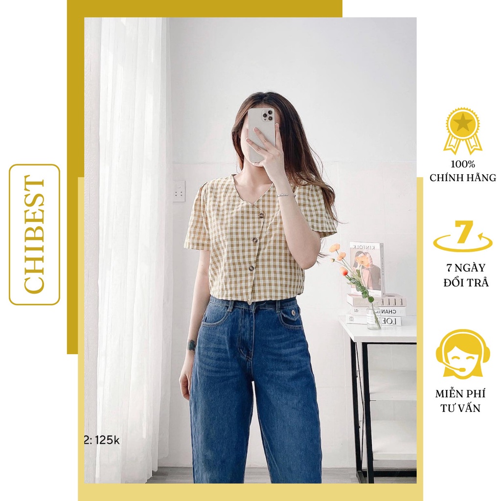 Áo croptop họa tiết caro 3 nút tay ly phồng chất liệu kate xinh xắn CHIBEST DAB42
