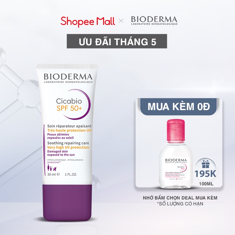 Kem dưỡng phục hồi da tổn thương và hạn chế tăng sắc tố sau viêm Bioderma Cicabio Spf 50+  30ml