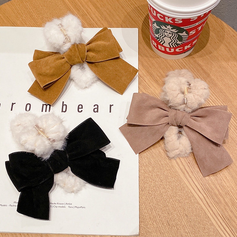 Kẹp Tóc Nơ Bằng Vải Phối Lông Dễ Thương Cỡ Lớn Phong Cách Hàn Quốc