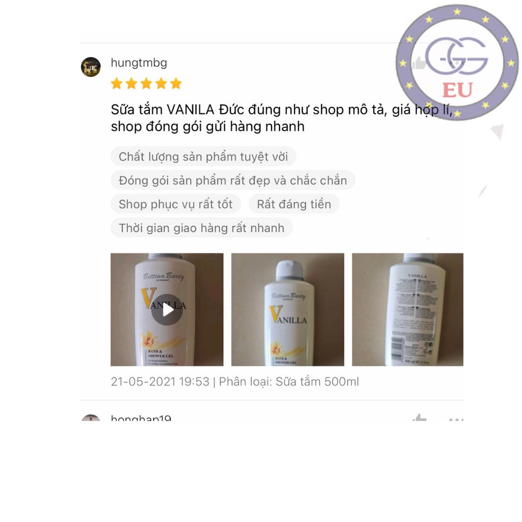 Sữa dưỡng thể Vanilla, cấp ẩm làm sáng mịn da,  nội địa Châu Âu, GGEU