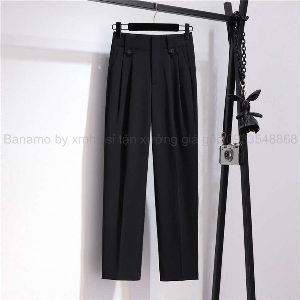 Quần baggy cạp liền lưng cao phối 2 khuy màu đen xanh thời trang Banamo Fashion 8335