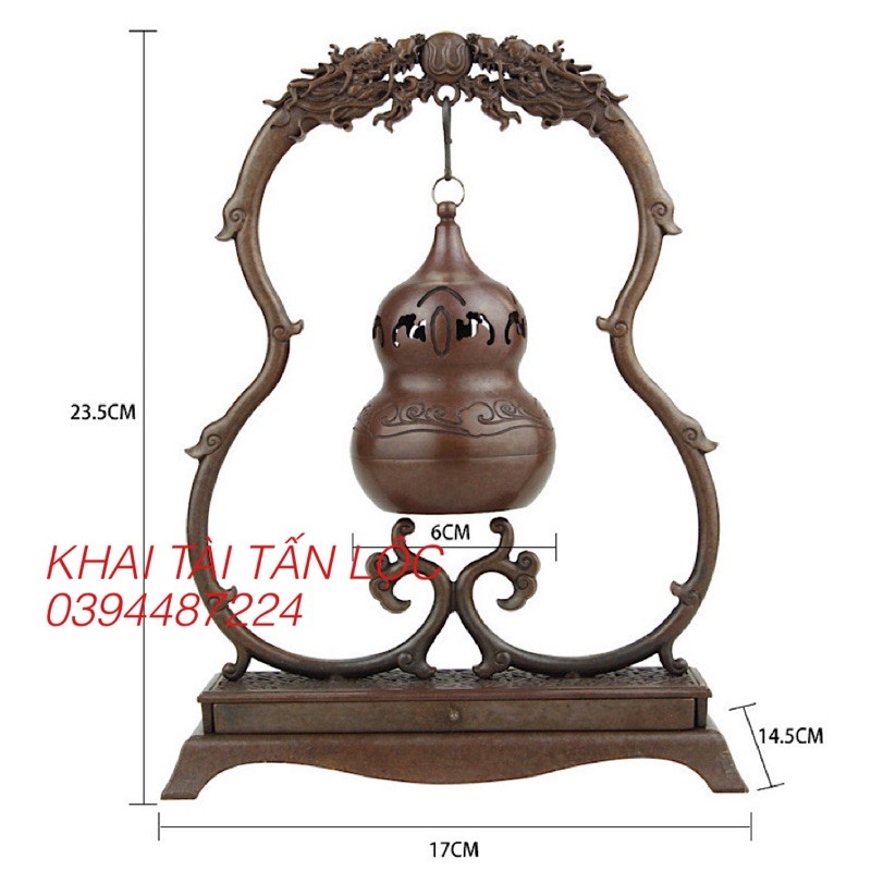 Lư xông trầm hồ lô treo song long tranh châu phong thủy bằng đồng