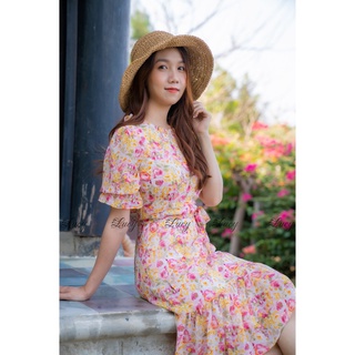 Đầm xòe đuôi cá hoa voan phối dây cột eo Elip Voan 6109