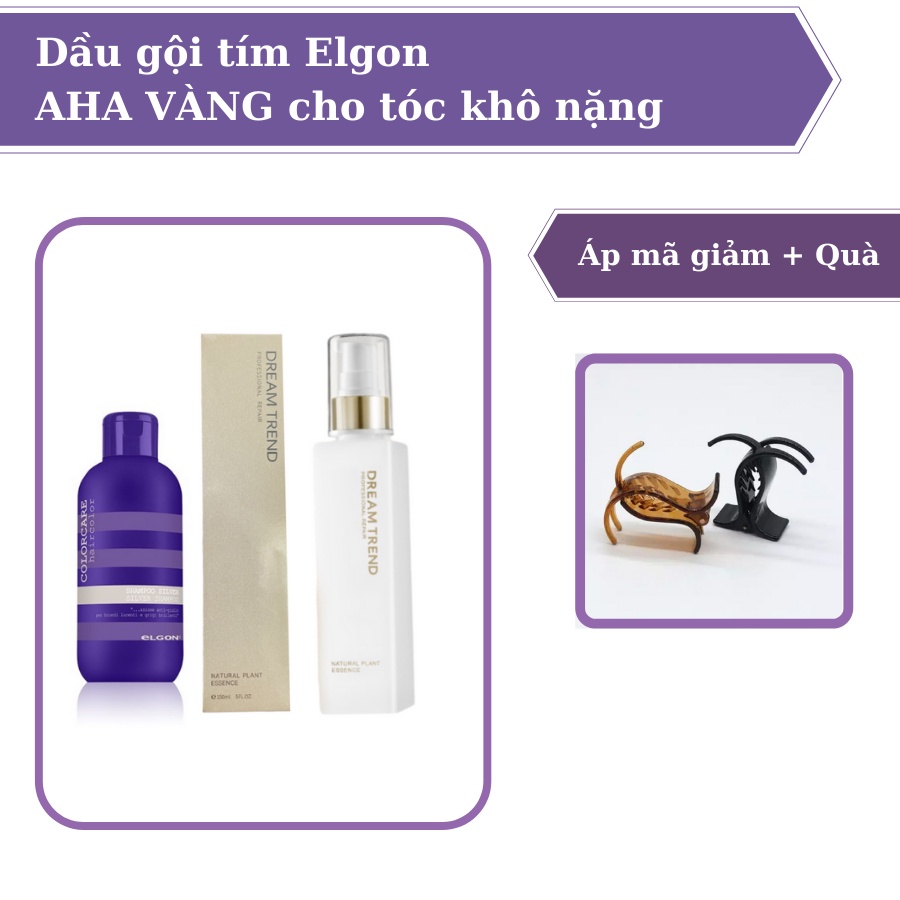 COMBO HƯ TỔN NẶNG - Tinh chất dưỡng tóc aha Dream Trend vàng vs Dầu gội tím Elgon