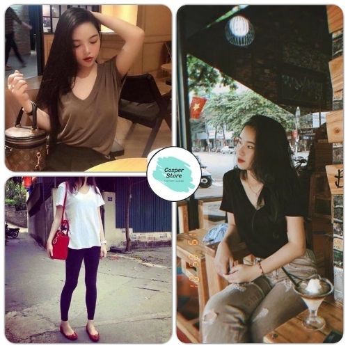 Áo Phông Suông Trơn Cổ Tim Nữ ⚡ Casper.Store | FREESHIP | ⚡ Áo thun lụa giấy cao cấp, thiết kế basic, dáng rộng Ulzzang