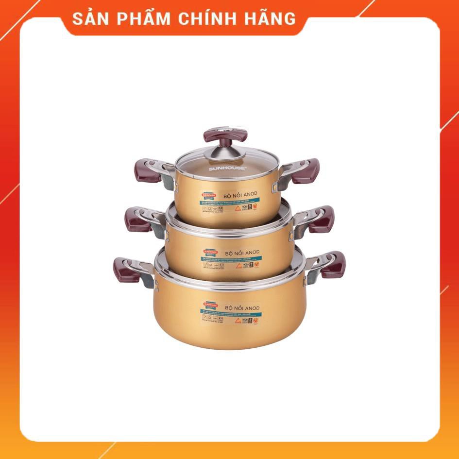 [Chất Liệu Nhôm Cao Cấp] Bộ Nồi anod Sunhouse 3 đáy SH6634 - Vung Kính Cường Lực Siêu Bền, Giữ Nhiệt Tốt,Tỏa Nhiệt Đều