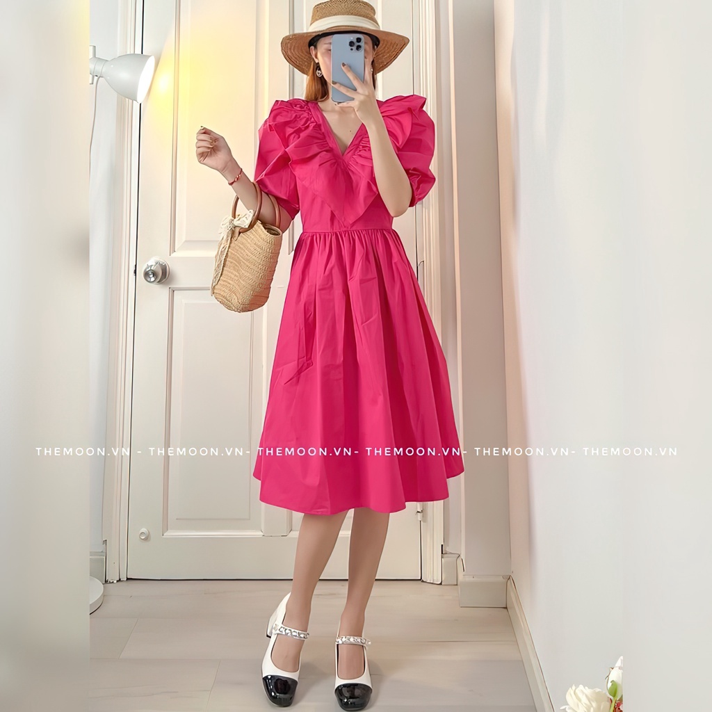 Đầm xoè tay ngắn phồng màu hồng hot trend