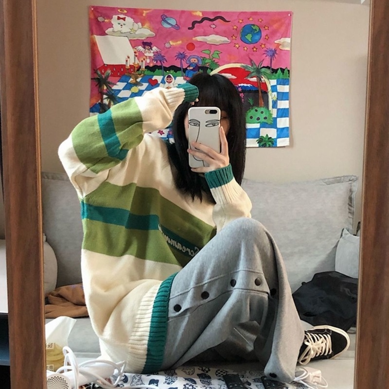 Áo sweater dệt kim mặc chui đầu cổ tròn dáng rộng phối màu kiểu Hàn Quốc thời trang thu đông