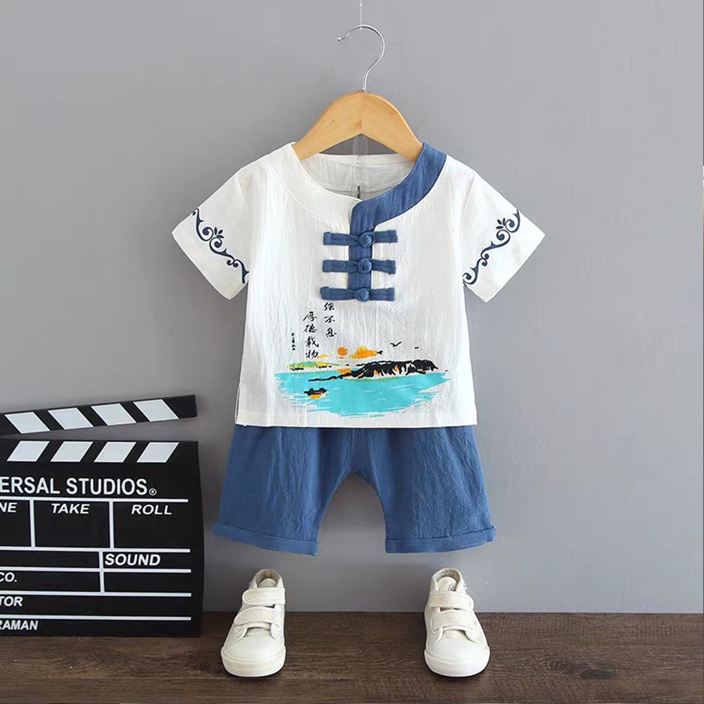 Bộ cộc tay cho bé trai, Đồ bộ hè cho bé in cổ trang chất đũi cực mát cho bé yêu-binbon kids