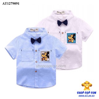 Áo sơ mi tay ngắn kèm nơ túi áo in hình mickey cho bé trai từ 14-33kg