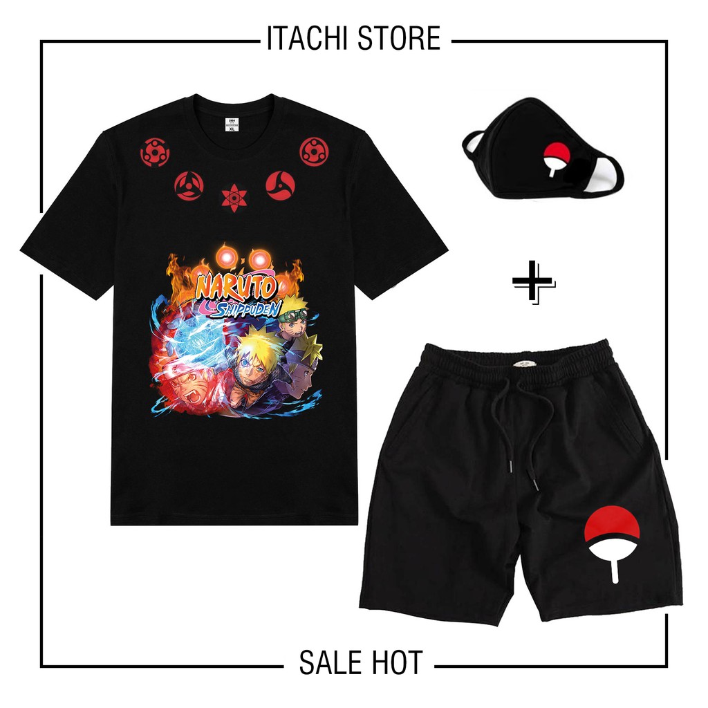 🔥SALE 50%🔥 BST combo áo thun + quần short Naruto Akatsuki Itachi Uchiha tặng kèm kt cực HOT