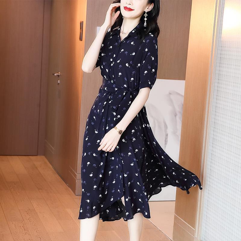 Đầm Dáng Rộng Vải Mỏng Phối Cà Vạt In Họa Tiết Xinh Xắn Cho Nữ