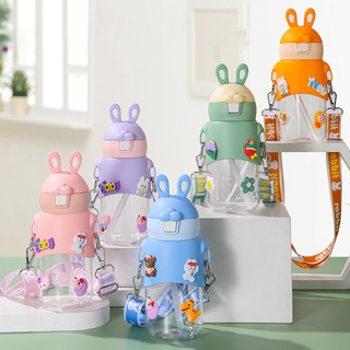 Bình nước cho bé có ống hút hình thỏ dễ thương, bình đựng nước 600ml - tặng sticker 3d