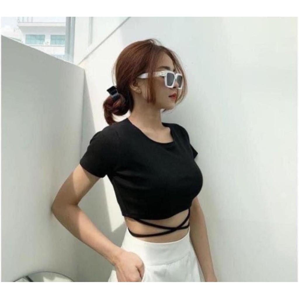 [C85] Áo thun croptop cộc tay nữ buộc dây eo sexy - Áo croptop phông thiết kế dây buộc eo điệu đà Ulzzang