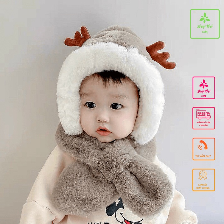 Mũ bông kèm khăn siêu xinh, mũ lông cừu sừng hươu siêu ấm, siêu cute cho bé, Mũ 2Trong 1 (có buôn sỉ)-THO020