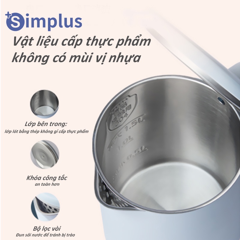 [Mã BMBAU50 giảm 10% đơn 99k] Bình đun siêu tốc Simplus (1.8L) lớp cách nhiệt chống bỏng tự ngắt điện khi sôi