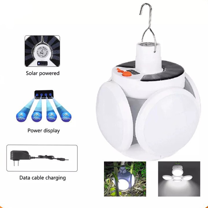 Đèn Led Tích Điện Năng Lượng Mặt Trời 4 Cánh 5 Bóng Gấp Gọn Siêu Sáng