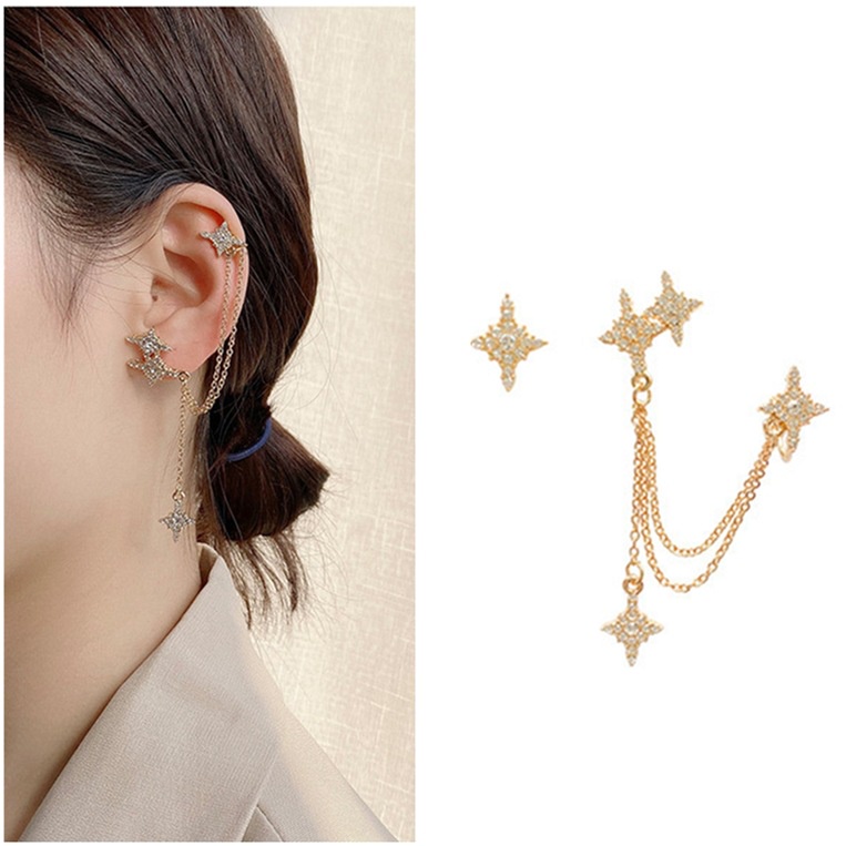 Khuyên Tai Chuỗi Xích Kẹp Vành Tai Không Đối Xứng Mạ Bạc 925 Hình Lục Giác Cho Bạn Gái