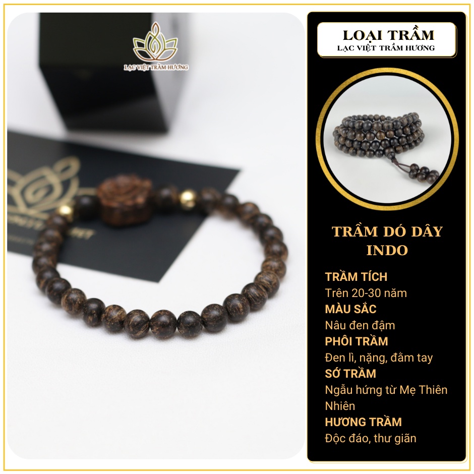Vòng Tay Trầm Hương INDO Hạt 6MM Mix Hoa Hồng - Vòng Trầm Hương INDO Dó Dây Xịn VIP Cao Cấp Lạc Việt Trầm Hương