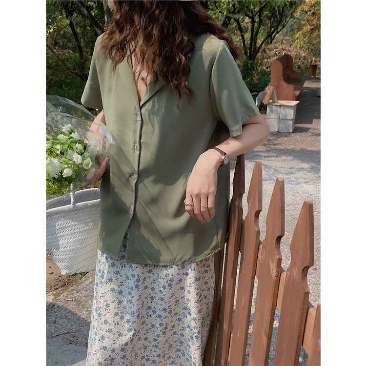 SUXI Áo Sơ Mi Tay Ngắn Cổ Chữ V Màu Sắc Đơn Giản Phong Cách Hàn Quốc Cho Nữ