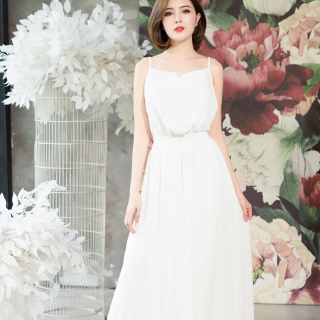 Đầm Maxi Trắng Dây Chéo Cổ Đổ