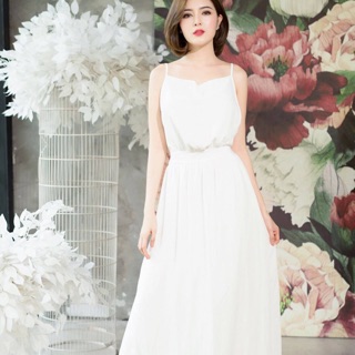 Đầm Maxi Trắng Dây Chéo Cổ Đổ