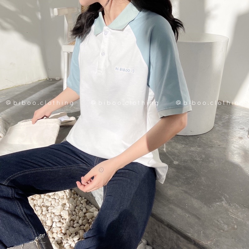BIBOO - Áo thun polo raglan tay lửng form rộng hình thêu HI BIBOO