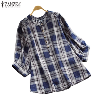 ZANZEA Women Casual 3/4 Sleeve Grid Printed Button Down Front Blouse