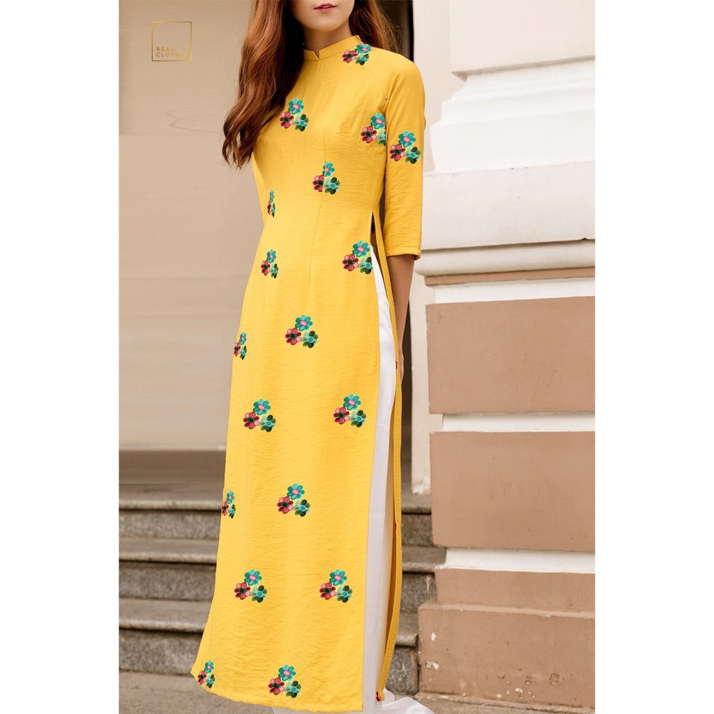 set áo dài nguyên bộ truyền thống. Hình thật