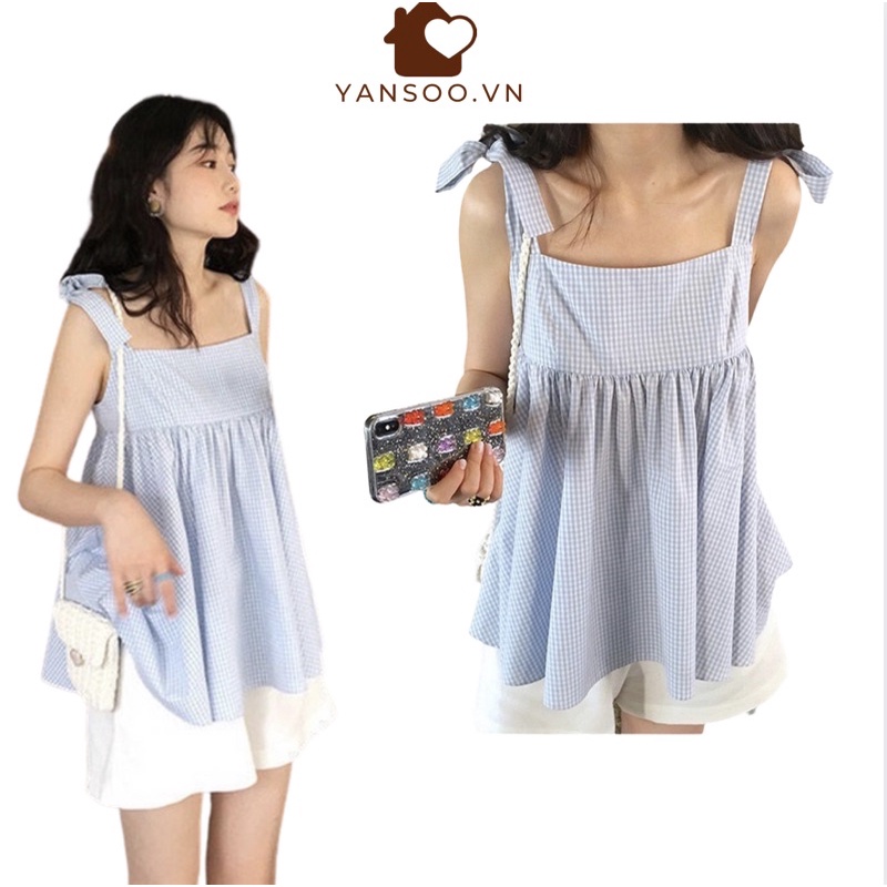 sét áo babydoll hai dây quần sóc , sét đồ nữ đi biển , áo hai dây xanh kẻ caro by YANSOO