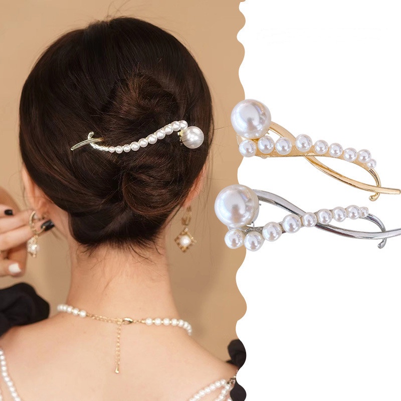 Kẹp Tóc Kim Loại Uốn Cong Hình Ếch Đính Ngọc Trai Đơn Giản Cổ Điển