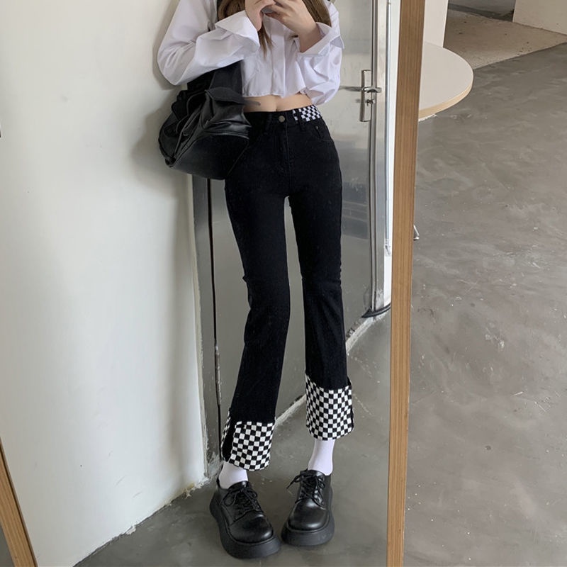 Quần Jeans Phối Sọc Caro Phong Cách Hàn Quốc Cho Nữ