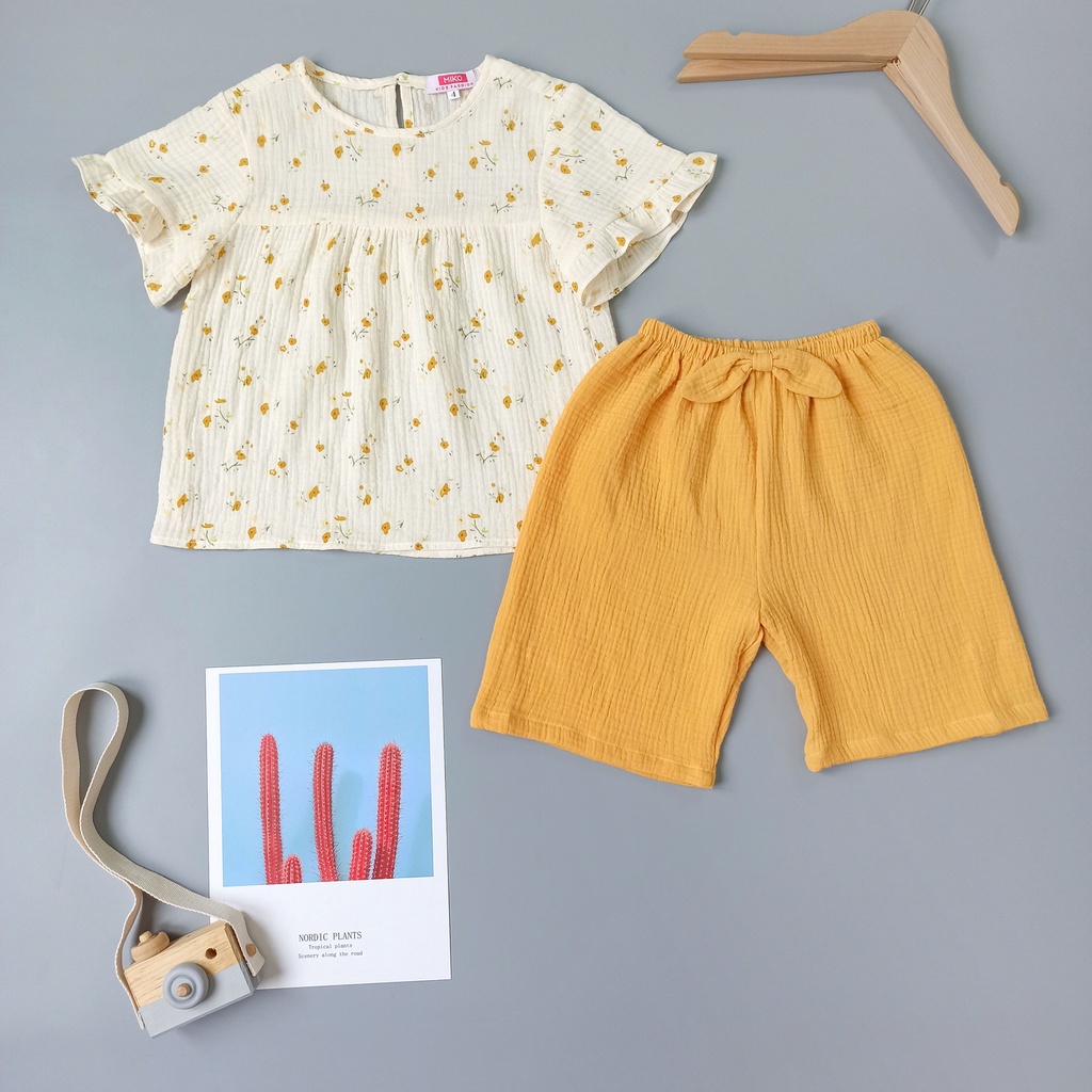 Bộ đồ tay ngắn MIKO vàng xanh hông vải xô muslin mẫu LUCY
