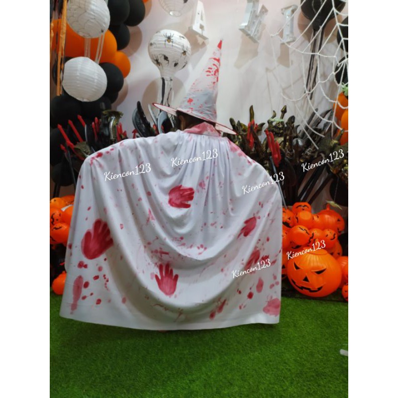 Set áo choàng phù thủy kèm nón màu trắng máu. Hoá trang Halloween