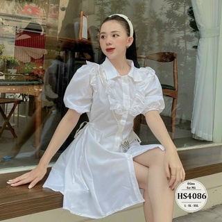 Đầm sơ mi bigsize nữ sinh phối bèo tay bo dáng suông HS4086 - Đầm sơ mi dáng suông cột eo - màu trắng - Size L XL XXL