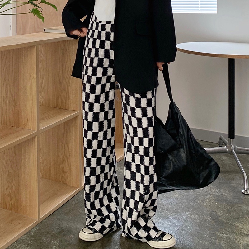 Quần lưng cao dáng rộng họa tiết kẻ sọc caro thời trang trẻ trung