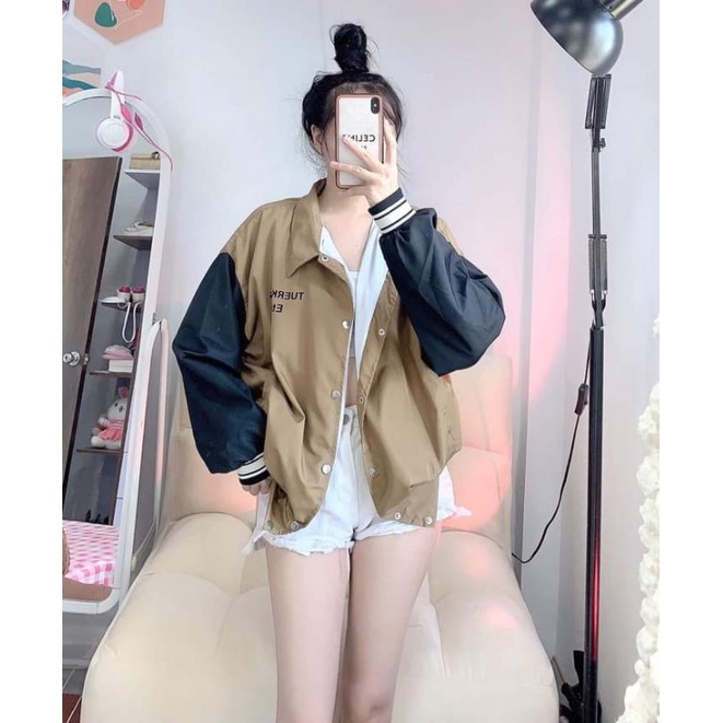 Áo khoác bomber cổ bẻ polo dù 2 lớp form rộng nam nữ