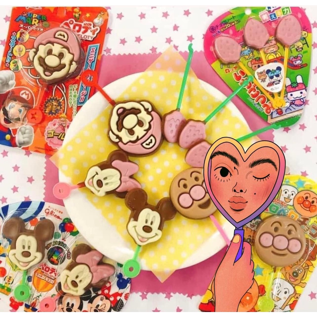 Set 2 Kẹo Mút Socola Glico Nhật Bản Hình Mickey & Minnie Đáng Yêu