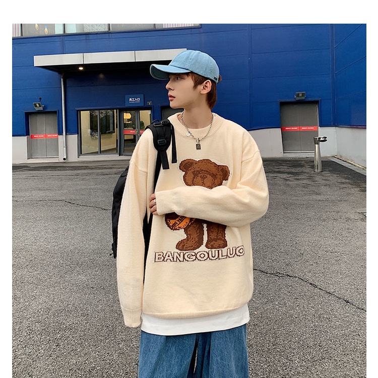 Áo sweater dệt kim dáng rộng in hình gấu hoạt hình kiểu Nhật Bản thời trang thu đông cho nam