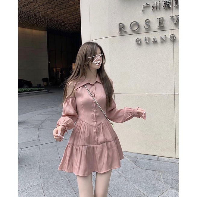 (Ảnh thật) Váy voan mềm xoè chữ A cổ sơ mi khoét vai the.sweaterweather TSW